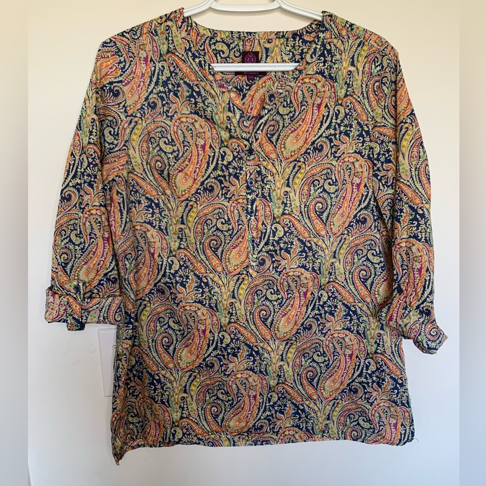 Liberty Art Fabrics Paisley Popover Blouse Top Roll Tab Sleeves Size Medium
